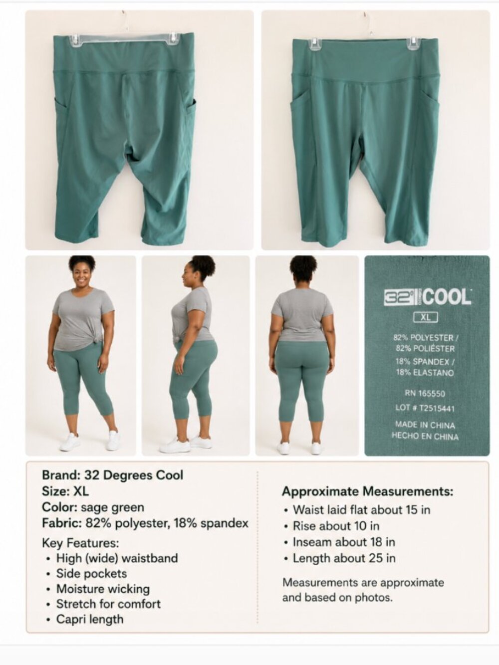 BUNDLE 2 Pack 32 Degrees Cool High Rise Pocket Capri Leggings Black & Teal XL